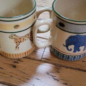 2 hand painted African art made in Zimbabwe Coffee mugs. 2002 and 2203 Elephant